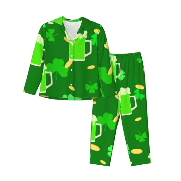 Fotbe St Patrick's Day2 Pattern Long Sleeve Pajama Set for Women,Sleepwear Set,2-piece Loungewear Set,Soft PJs Comfy Nightwear with Pockets -X-Large