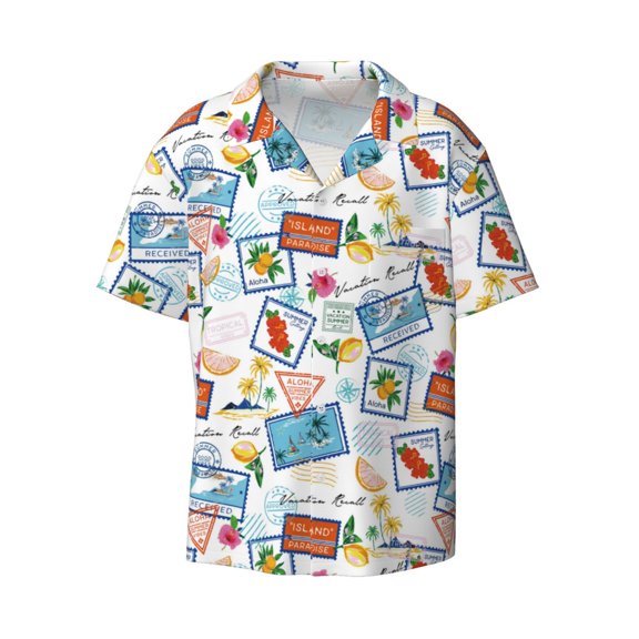 Fotbe Stamp print Short Sleeve Button Down Shirts for Men Casual Summer Beach Wrinkle Free Shirt-X-Large
