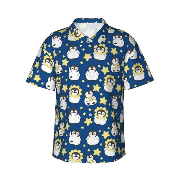 Fotbe Star Penguin Hawaiian Shirt for Men Unisex Summer Beach Casual Short Sleeve Cotton Linen Button Down Shirts-Medium