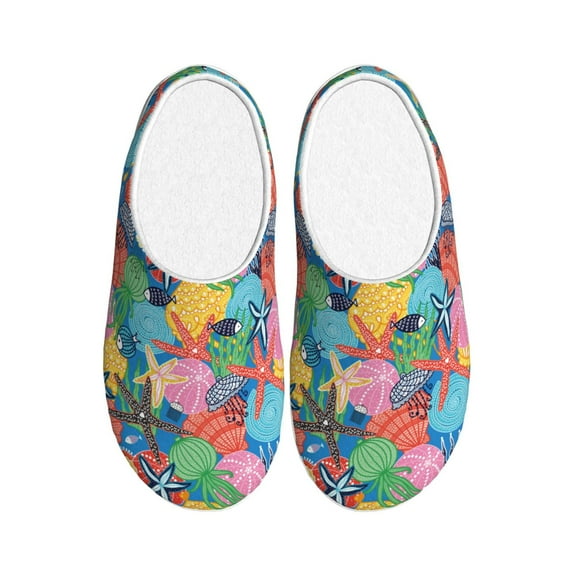 Fotbe Starfish And Algae Pattern Women's Fuzzy Curly Fur Memory Foam Loafer Slippers Indoor Outdoor Slippers Winter Home Shoes-42/43