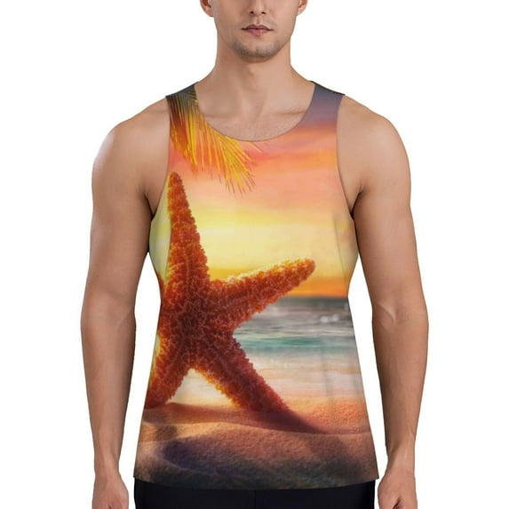 Fotbe Starfish Sunset Sea Beach Pattern Men's Quick Dry Workout Tank Top Gym Muscle Tee Fitness Bodybuilding Sleeveless T Shirt Breathable Workout Shirt-Small