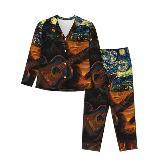 Fotbe Starry Night Cat Guitarist A Pattern Long Sleeve Pajama Set for Women,Sleepwear Set,2-piece Loungewear Set,Soft PJs Comfy Nightwear with Pockets -Medium