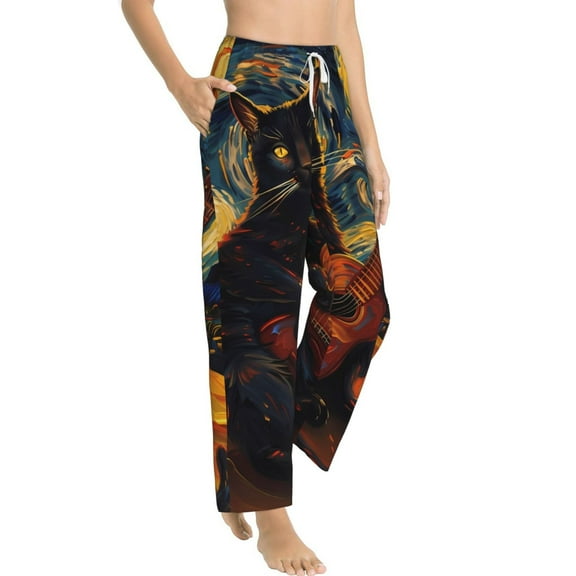 Fotbe Starry Night Cat Guitarist Women's Pajama Pants,Sleepwear Pants,Pj Bottoms Drawstring And Pockets-Medium