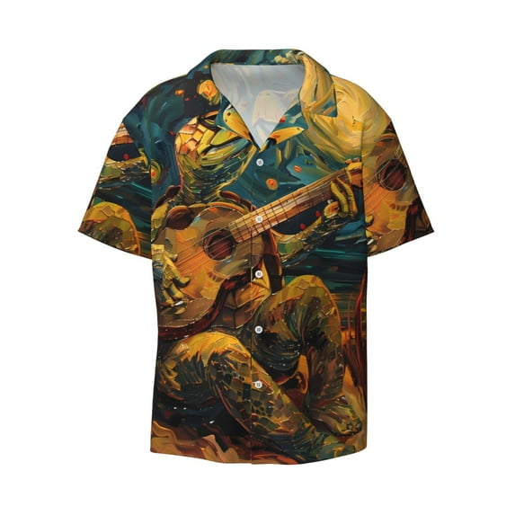Fotbe Starry Night Guitar Turtle print Short Sleeve Button Down Shirts for Men Casual Summer Beach Wrinkle Free Shirt-X-Large
