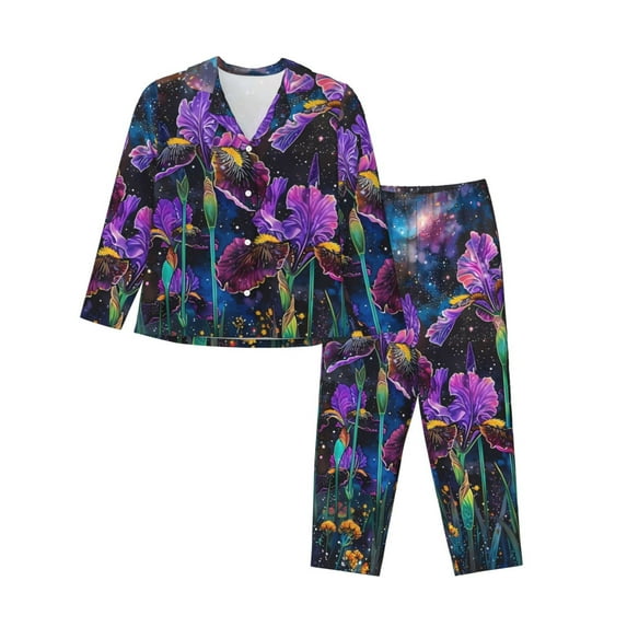 Fotbe Starry Night Iris Field Pattern Long Sleeve Pajama Set for Women,Sleepwear Set,2-piece Loungewear Set,Soft PJs Comfy Nightwear with Pockets -X-Large