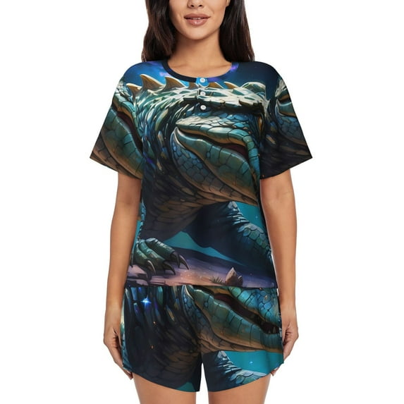 Fotbe Starry Sky Colorful Crocodile A Print Pajama Set for Women 2 Piece Loungewear Short Sleeve Tops and Shorts Set Soft Sleepwear-Large