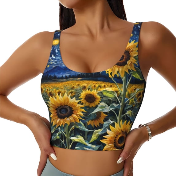 Fotbe Starry Sky Sunflower Pattern Womens' Sports Bra Longline Wirefree Padded with Medium Support Sports Moisture-Wicking Workou Vest,Tank Top-Small