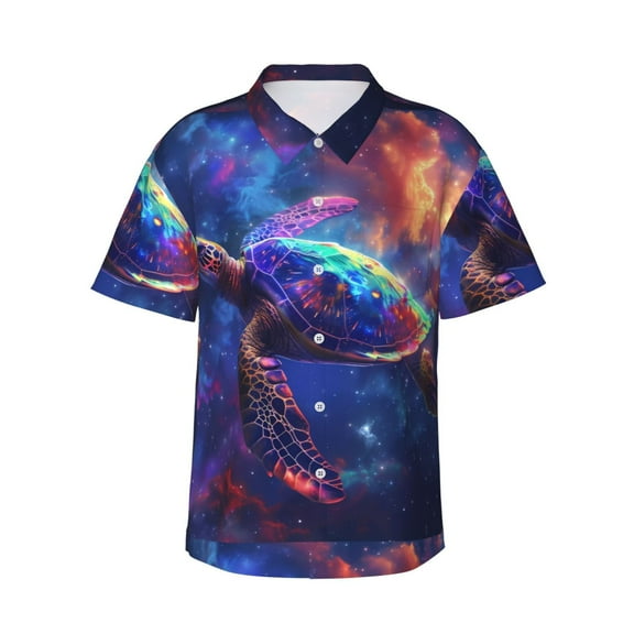 Fotbe Starry Sky Turtle Hawaiian Shirt for Men Unisex Summer Beach Casual Short Sleeve Cotton Linen Button Down Shirts-XX-Large