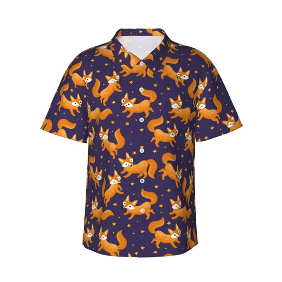 Fotbe Stars and Fox Cute Hawaiian Shirt for Men Unisex Summer Beach Casual Short Sleeve Cotton Linen Button Down Shirts-3X-Large