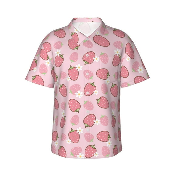 Fotbe Strawberries Hawaiian Shirt for Men Unisex Summer Beach Casual Short Sleeve Cotton Linen Button Down Shirts-Small