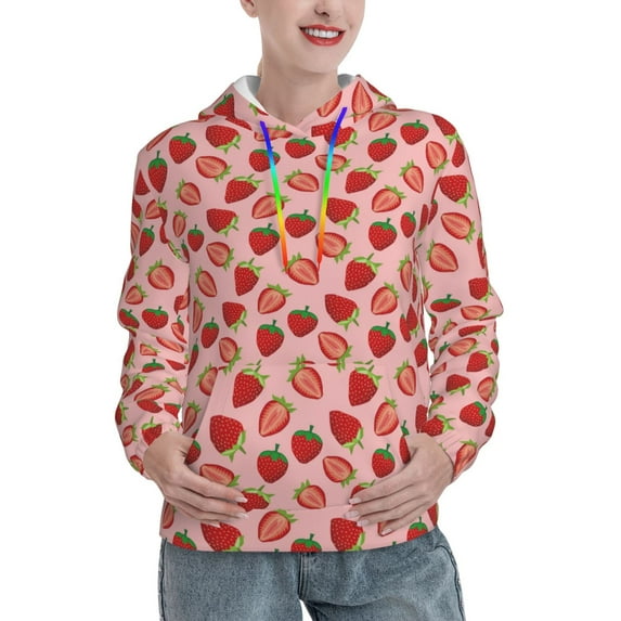 Fotbe Strawberries Pattern Womens Long Sleeve Hoodie, Pullover Hooded Sweatshirt, Kangaroo Pocket Hoodie with Eye-catching Drawstrings-Medium
