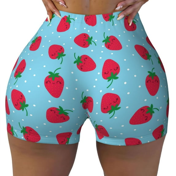 Fotbe Strawberries Seamless Shorts, Womens Workout Shorts High Waist Stretch Booty Short for Gym/Yoga/Running/Biking-