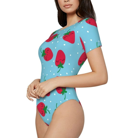 Fotbe Strawberries Women's Crew Neck Short Sleeves Bodysuit Tops Round Neck Slim Sleeveless Soft Comfortable Basic-XX-Large