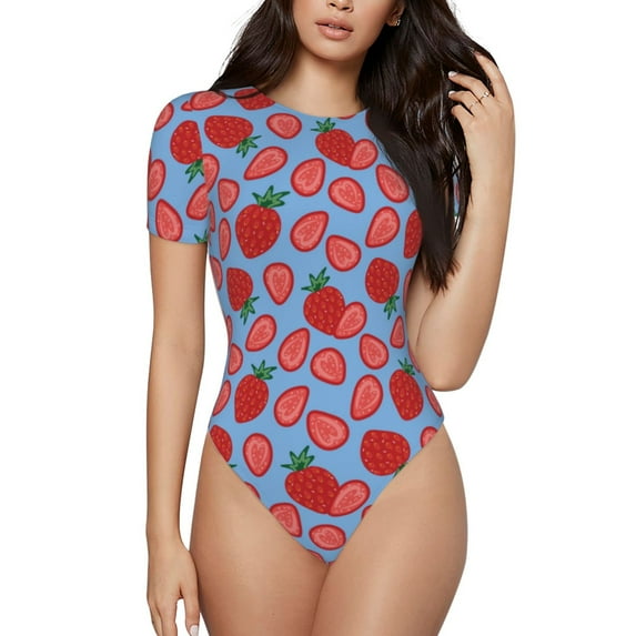 Fotbe Strawberries Women's Crew Neck Short Sleeves Bodysuit Tops Round Neck Slim Sleeveless Soft Comfortable Basic-XX-Large