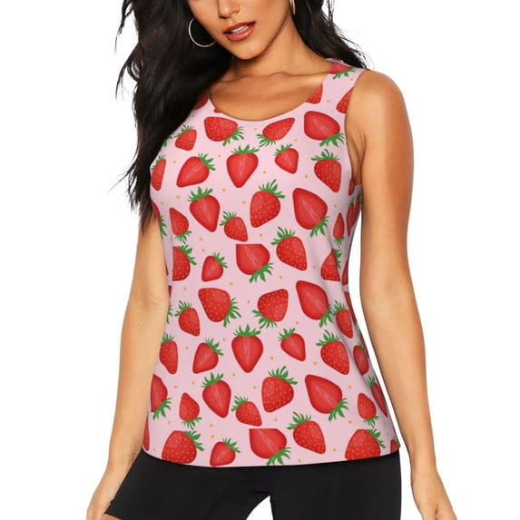 Fotbe Strawberries Womens Loose Fit Casual Flowy Slim-Fit Tank Tops Athletic Round Neck Trendy Sleeveless Summer Tops for Gym and Yoga-
