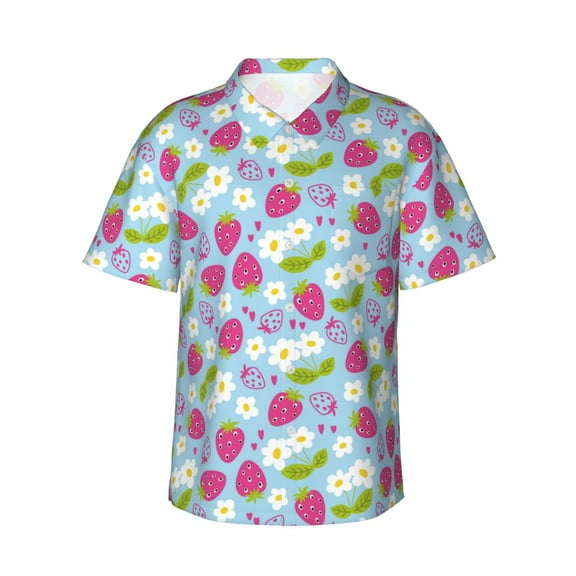 Fotbe Strawberry And Flowers Hawaiian Shirt for Men Unisex Summer Beach Casual Short Sleeve Cotton Linen Button Down Shirts-3X-Large