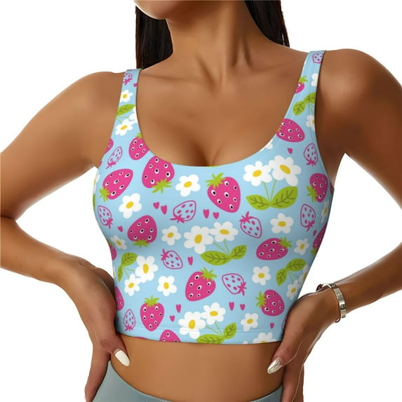 Fotbe Strawberry And Flowers Pattern Womens' Sports Bra Longline Wirefree Padded with Medium Support Sports Moisture-Wicking Workou Vest,Tank Top-Small