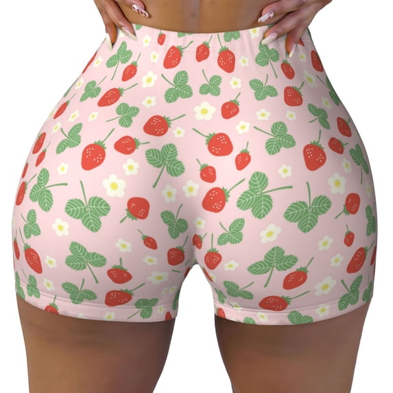 Fotbe Strawberry And Flowers Seamless Shorts, Womens Workout Shorts High Waist Stretch Booty Short for Gym/Yoga/Running/Biking-Small