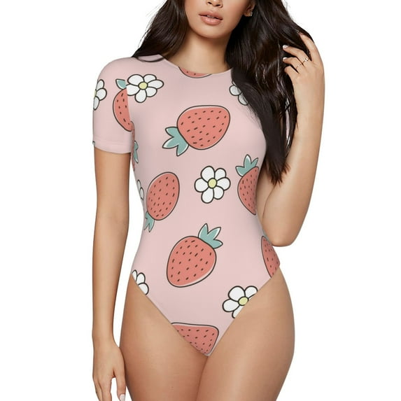 Fotbe Strawberry And Flowers Women's Crew Neck Short Sleeves Bodysuit Tops Round Neck Slim Sleeveless Soft Comfortable Basic-Medium