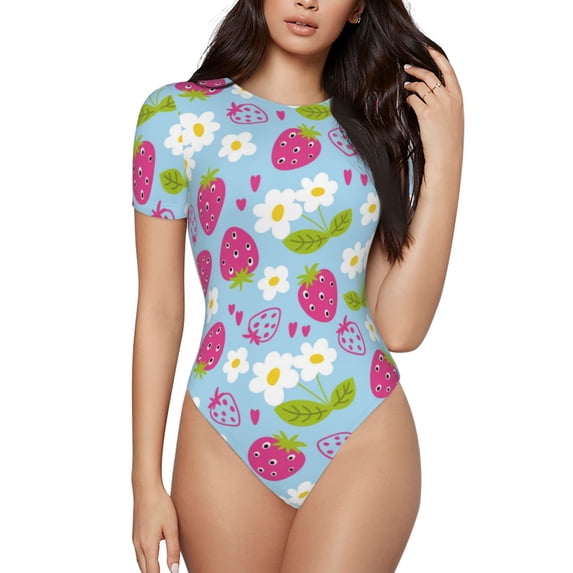 Fotbe Strawberry And Flowers Women's Crew Neck Short Sleeves Bodysuit Tops Round Neck Slim Sleeveless Soft Comfortable Basic-XX-Large