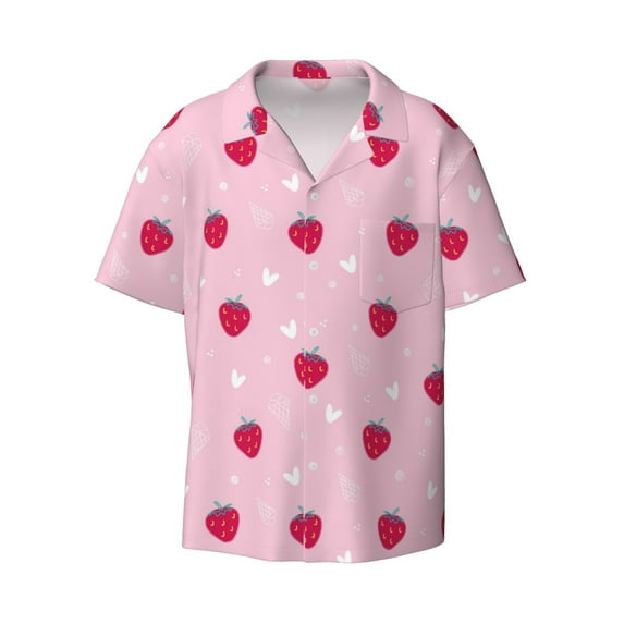 Fotbe Strawberry And Heart print Short Sleeve Button Down Shirts for Men Casual Summer Beach Wrinkle Free Shirt-X-Large