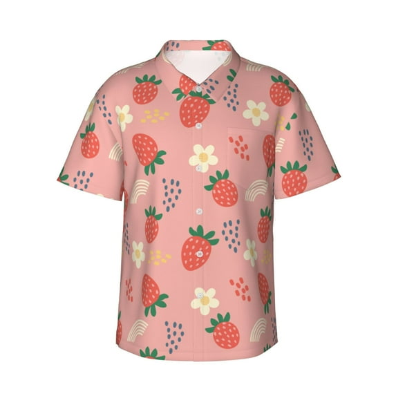 Fotbe Strawberry Floral Hawaiian Shirt for Men Unisex Summer Beach Casual Short Sleeve Cotton Linen Button Down Shirts-Large