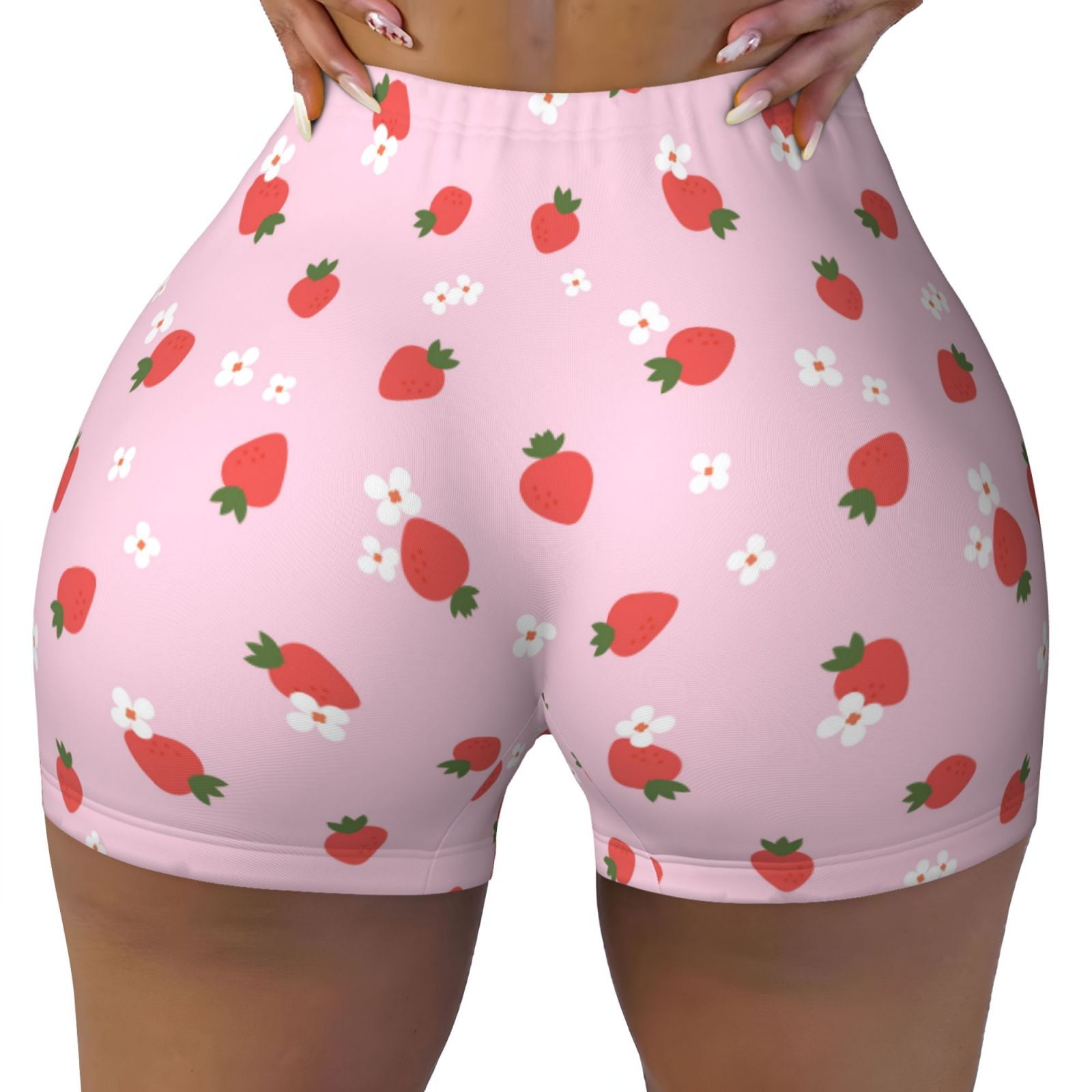 Fotbe Strawberry Floral Seamless Shorts, Womens Workout Shorts High
