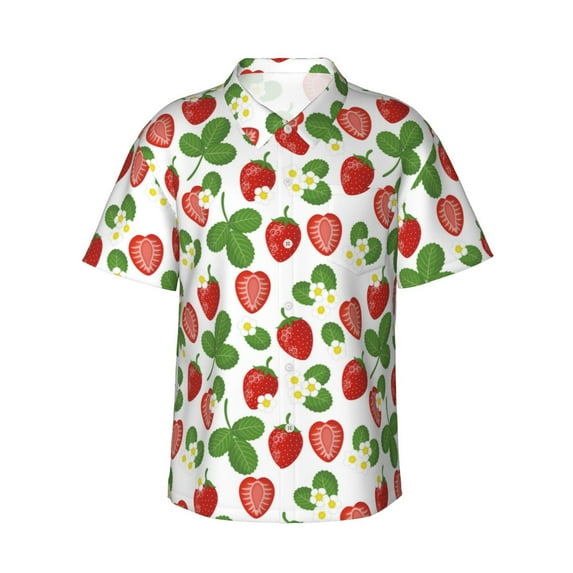 Fotbe Strawberry Hawaiian Shirt for Men Unisex Summer Beach Casual Short Sleeve Cotton Linen Button Down Shirts-X-Large