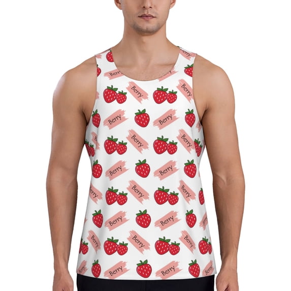 Fotbe Strawberry Pattern Men's Quick Dry Workout Tank Top Gym Muscle Tee Fitness Bodybuilding Sleeveless T Shirt Breathable Workout Shirt-Large
