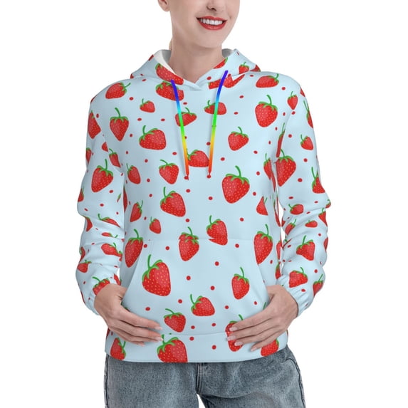 Fotbe Strawberry Pattern Womens Long Sleeve Hoodie, Pullover Hooded Sweatshirt, Kangaroo Pocket Hoodie with Eye-catching Drawstrings-Small