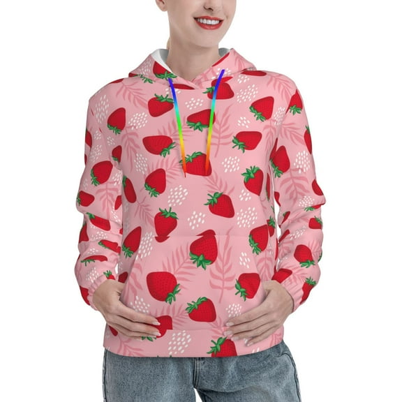 Fotbe Strawberry Pattern Womens Long Sleeve Hoodie, Pullover Hooded Sweatshirt, Kangaroo Pocket Hoodie with Eye-catching Drawstrings-X-Large