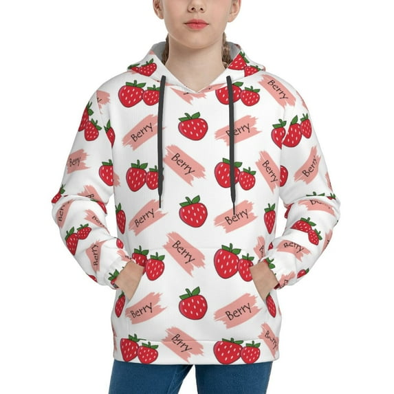 Fotbe Strawberry Pattern Youth Pullover Hooded Sweatshirt, Boys Hoodie, Kangaroo Pocket Hoodie for Kids Girls -X-Large