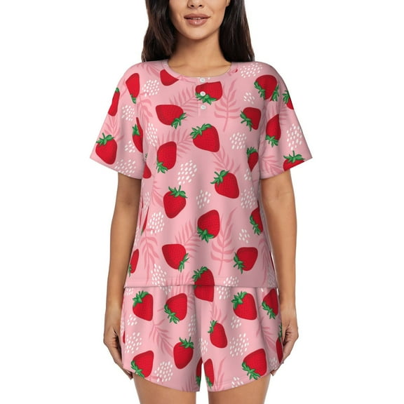 Fotbe Strawberry Print Pajama Set for Women 2 Piece Loungewear Short Sleeve Tops and Shorts Set Soft Sleepwear-Small