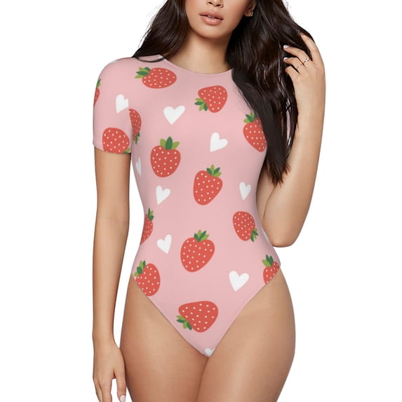 Fotbe Strawberry Women's Crew Neck Short Sleeves Bodysuit Tops Round Neck Slim Sleeveless Soft Comfortable Basic-Medium