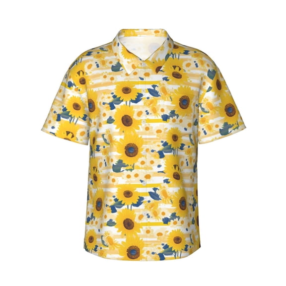 Fotbe Striped Sunflower Daisy Hawaiian Shirt for Men Unisex Summer Beach Casual Short Sleeve Cotton Linen Button Down Shirts-XX-Large