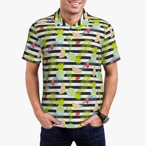 Fotbe Striped With Palm Tree Branches Pattern Men’s Golf Polo Shirt – Breathable Performance Golf Shirt with Button-Down Collar-XX-Large