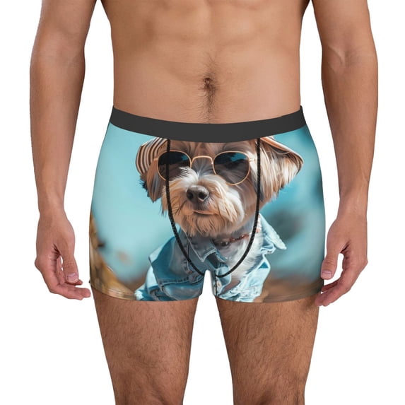 Fotbe Stylish Dog in Denim Outfit Men’s Total Support Pouch Boxer Briefs, X-Temp Cooling, Moisture-Wicking Underwear, Regular, Long-leg and Trunk-Small