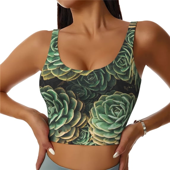 Fotbe Succulents Pattern Womens' Sports Bra Longline Wirefree Padded with Medium Support Sports Moisture-Wicking Workou Vest,Tank Top-Small