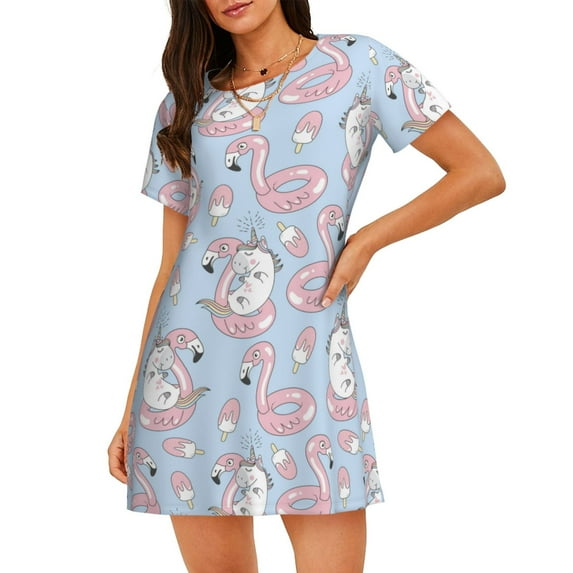 Fotbe Summer Cute Unicorns Pattern Women's Cotton Nightgown Sleepwear Short Sleeves Shirt Casual Print Sleepdress