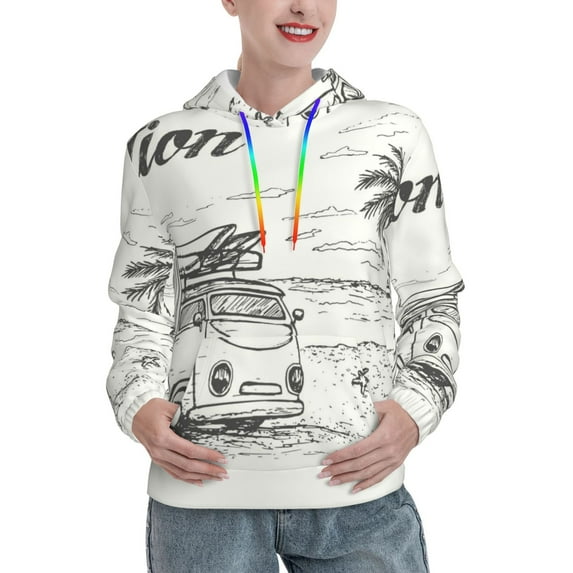 Fotbe Summer Vacation Scene With Camping Van Pattern Womens Long Sleeve Hoodie, Pullover Hooded Sweatshirt, Kangaroo Pocket Hoodie with Eye-catching Drawstrings-XX-Large