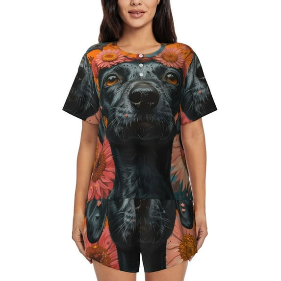 Fotbe Sunflower Black Dog Print Pajama Set for Women 2 Piece Loungewear Short Sleeve Tops and Shorts Set Soft Sleepwear-XX-Large