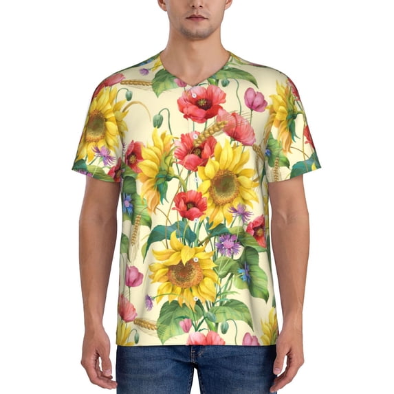 Fotbe Sunflower Cornflower Poppy Baseball Jersey Shirt for Men and Women, Casual Short Sleeves Button Down T-Shirt-X-Large