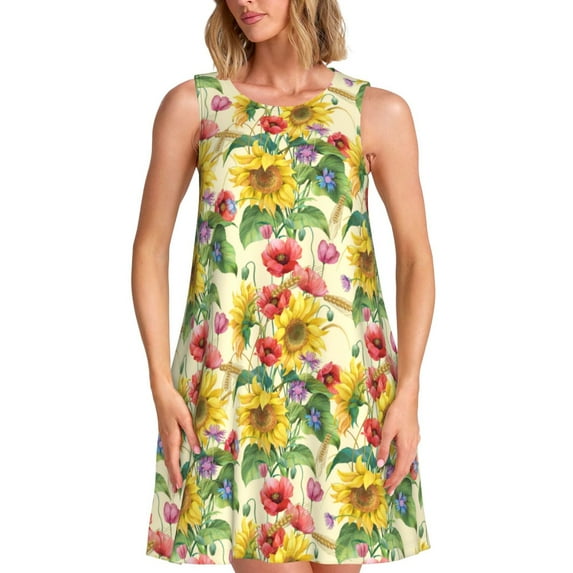 Fotbe Sunflower Cornflower Poppy Pattern Women’s Summer Tank Midi Dress – Sleeveless A-Line Dress, Floral T-Shirt Dress, Casual Flowing Beach Sundress