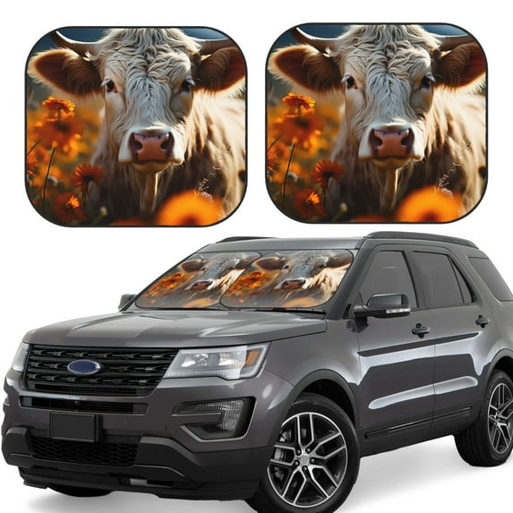 Fotbe Sunflower Cow In Flower Field 2-Piece Car Windshield Sun Shade | Sun Blocker for Car Windshield | Foldable Automotive Interior Accessories for Sun Protection-Large