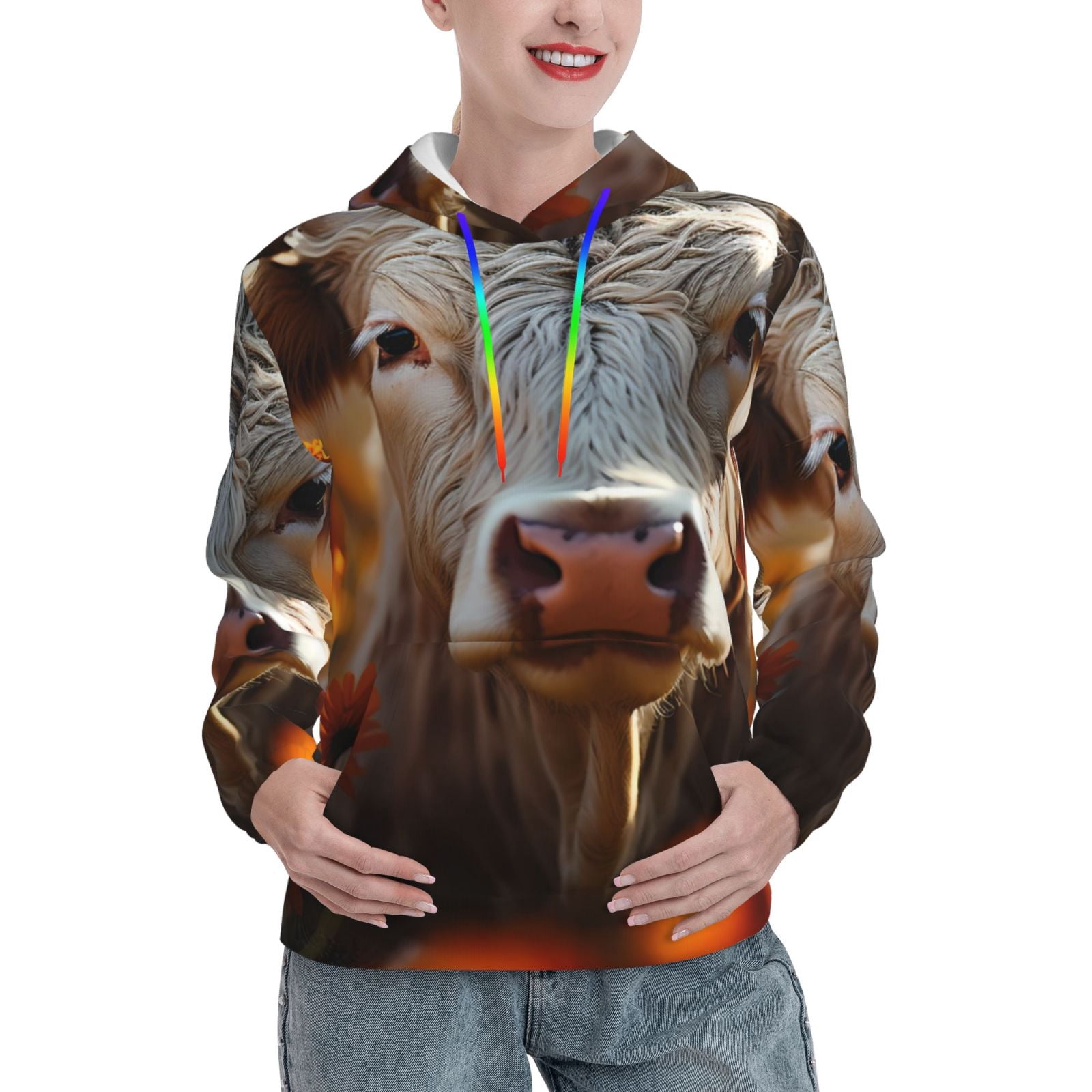 Drawstrigns Fotbe Sunflower Cow In Flower Field Pattern Womens Long Sleeve Hoodie ...