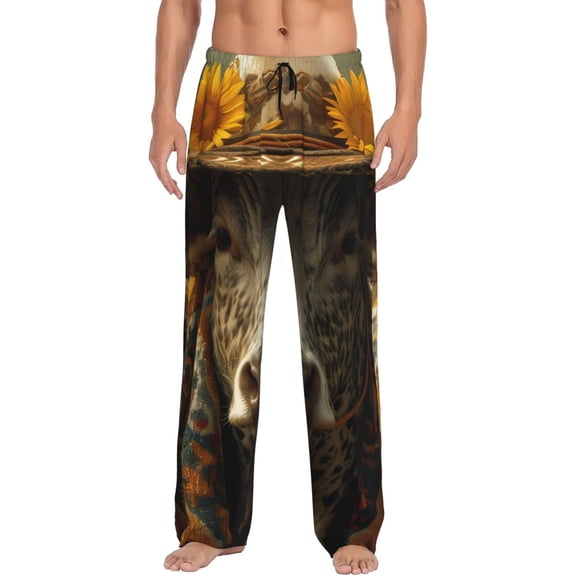 Fotbe Sunflower Cowboy Hat Cow Men's Pajama Pants,Sleepwear Pants,Pj Bottoms Drawstring And Pockets-Large
