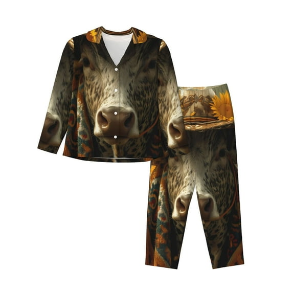 Fotbe Sunflower Cowboy Hat Cow Pattern Long Sleeve Pajama Set for Women,Sleepwear Set,2-piece Loungewear Set,Soft PJs Comfy Nightwear with Pockets -Large