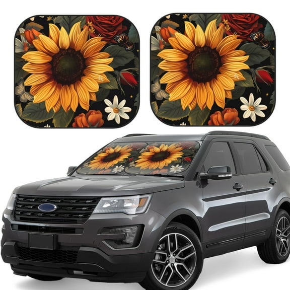 Fotbe Sunflower Floral Butterfly 2-Piece Car Windshield Sun Shade | Sun Blocker for Car Windshield | Foldable Automotive Interior Accessories for Sun Protection-Small