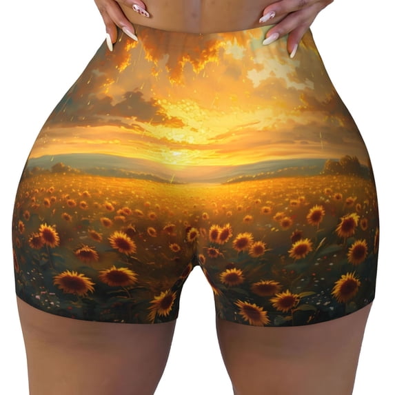 Fotbe Sunflower Sunset Rainfall Seamless Shorts, Womens Workout Shorts High Waist Stretch Booty Short for Gym/Yoga/Running/Biking-X-Large