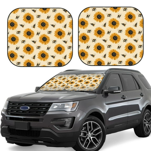 Fotbe Sunflowers And Bee 2-Piece Car Windshield Sun Shade | Sun Blocker for Car Windshield | Foldable Automotive Interior Accessories for Sun Protection-Large